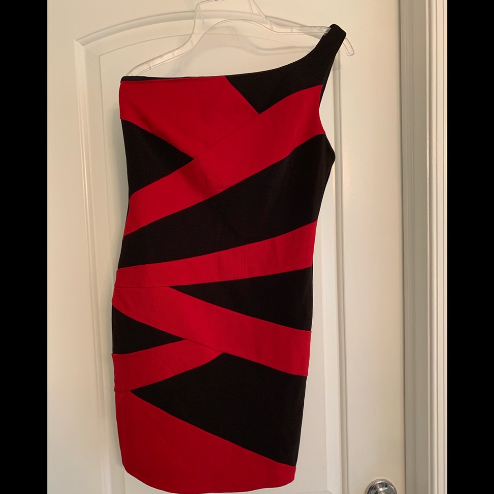 One shoulder bondage dress. Red and black